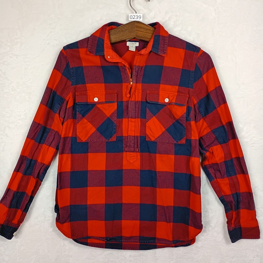 J.Crew Flannel Shirt Women XS Red Blue Buffalo Plaid Quarter Zip